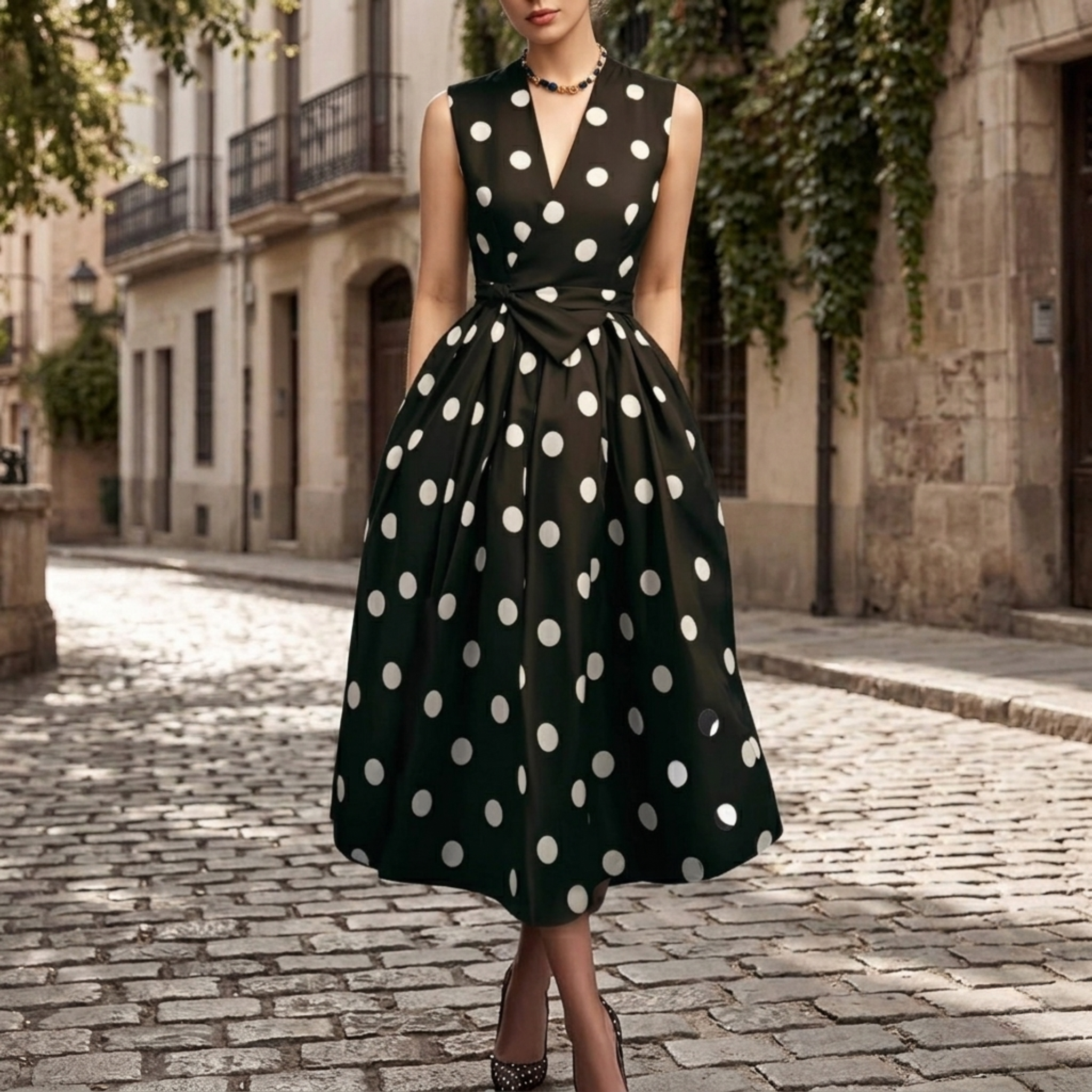 Vestido elegante con lunares con cuello en V