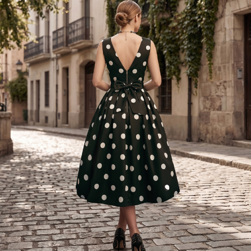 Vestido elegante con lunares con cuello en V