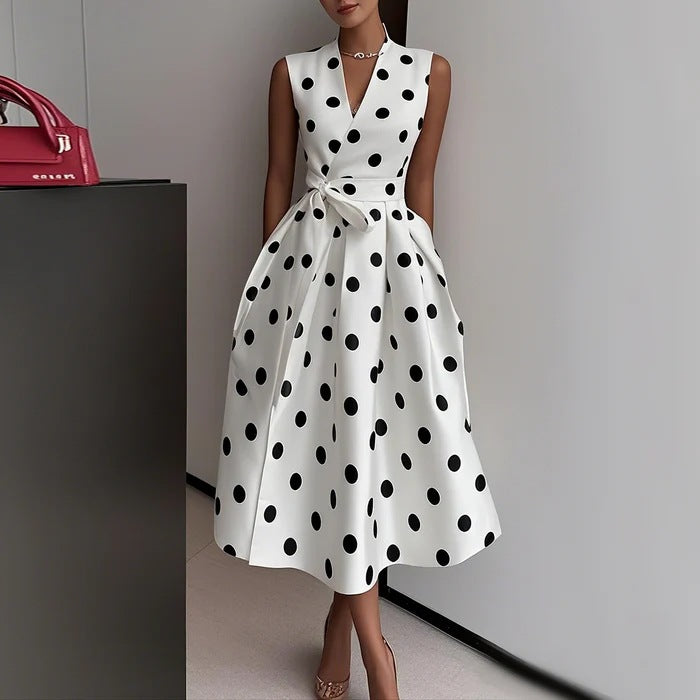 Vestido elegante con lunares con cuello en V